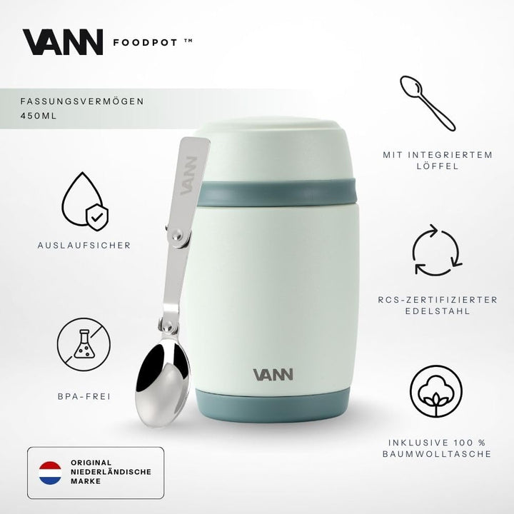 VANN Thermobecher für Essen 450 ml – Thermobehälter [16h kalt, 9h warm] – Recycelte Edelstahl Thermo