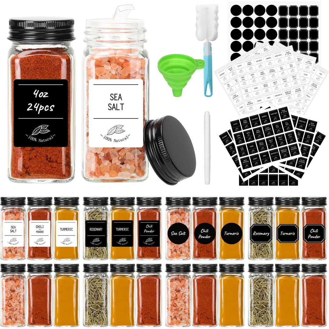 24 Premium Glass Spice Jars (4oz/120ml) with Black Metal Lids - Complete Set with Spice Labels, Shak