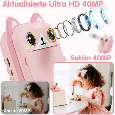 Selvim Sofortbildkamera Kinder [Pinke Katze & Mit 2 Rollen Druckerpapier], 2,4'' Bildschirm Selfie K