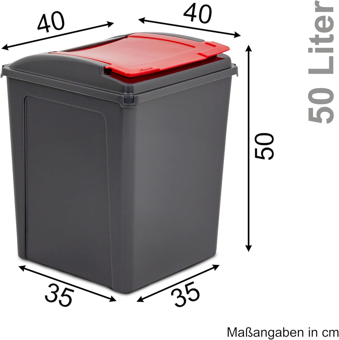 50 Liter Mülltonne Schwarz-Rot, Mülleimer Küche, Mülltrennsystem, Abfalleimer Küche, Mülleimer 50l,