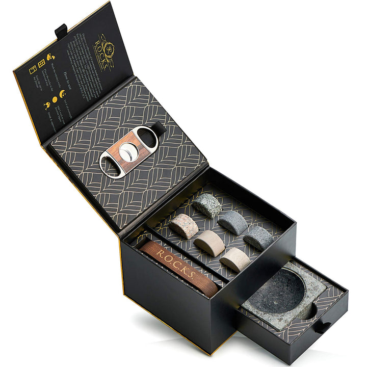 Whisky Steine Geschenkset mit Zigarrenschneider &amp; Zigarren Aschenbecher - 6 Handgefertigte Premium-G