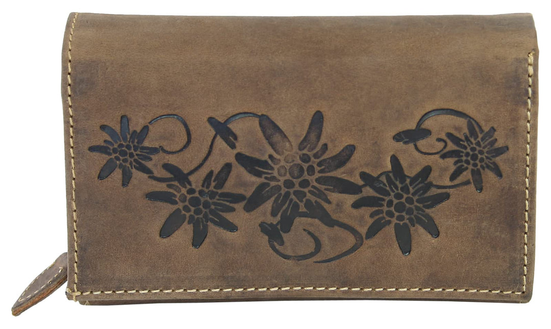 WILD THINGS ONLY !!! Grosse Damen Geldbörse aus Antik-Leder mit vielen Fächern - Motiv-Prägung - Far