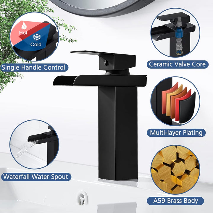 Wasserfall Wasserhahn Bad Schwarz Matt Waschtischarmatur, Modern Einhebelmischer Waschbeckenarmatur,