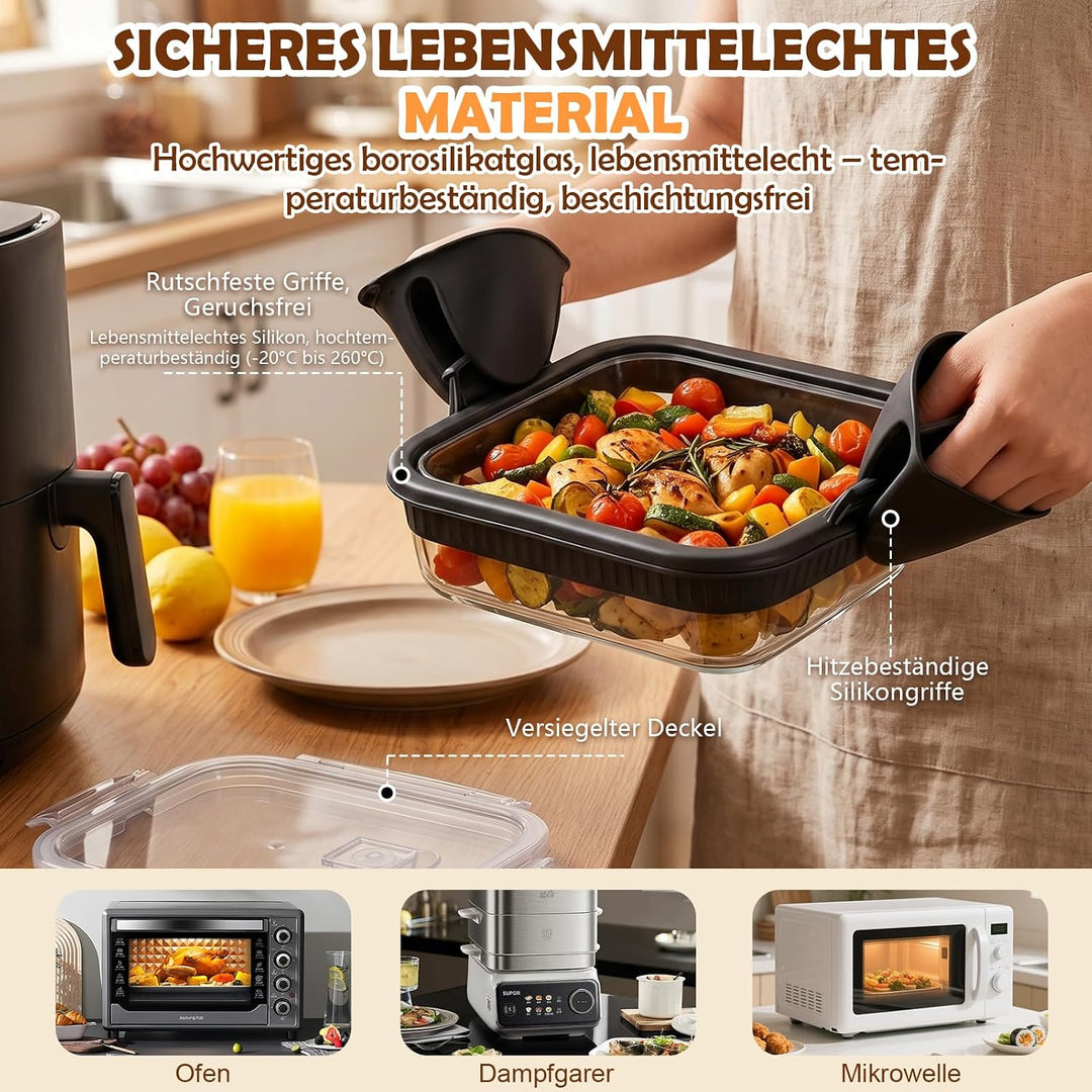 Glas-Auflaufform Airfryer mit Deckel, BPA-frei Glasform für Airfryer mit Abnehmbaren Silikongriffen,
