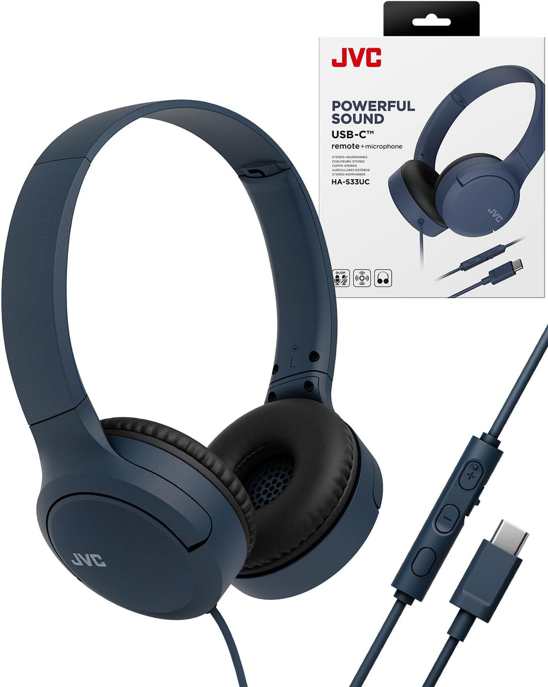 JVC HA-S33UC-A USB-C On-Ear-Kopfhörer, weiche Ohrpolster, faltbar, mit Mikrofon & 3-Tasten-Fernbedie