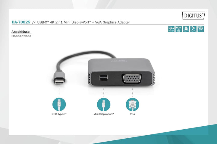 DIGITUS USB-C - Mini DP + VGA Adapter, 20 cm 4K/30Hz, Silber, Aluminium Gehäuse
