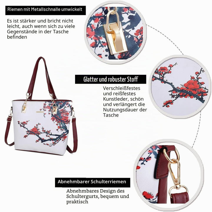 2E-youth Damen Set Tote Handtasche Umhängetasche Geldbörse 1e Weiss & Rot, 1e Weiss & Rot