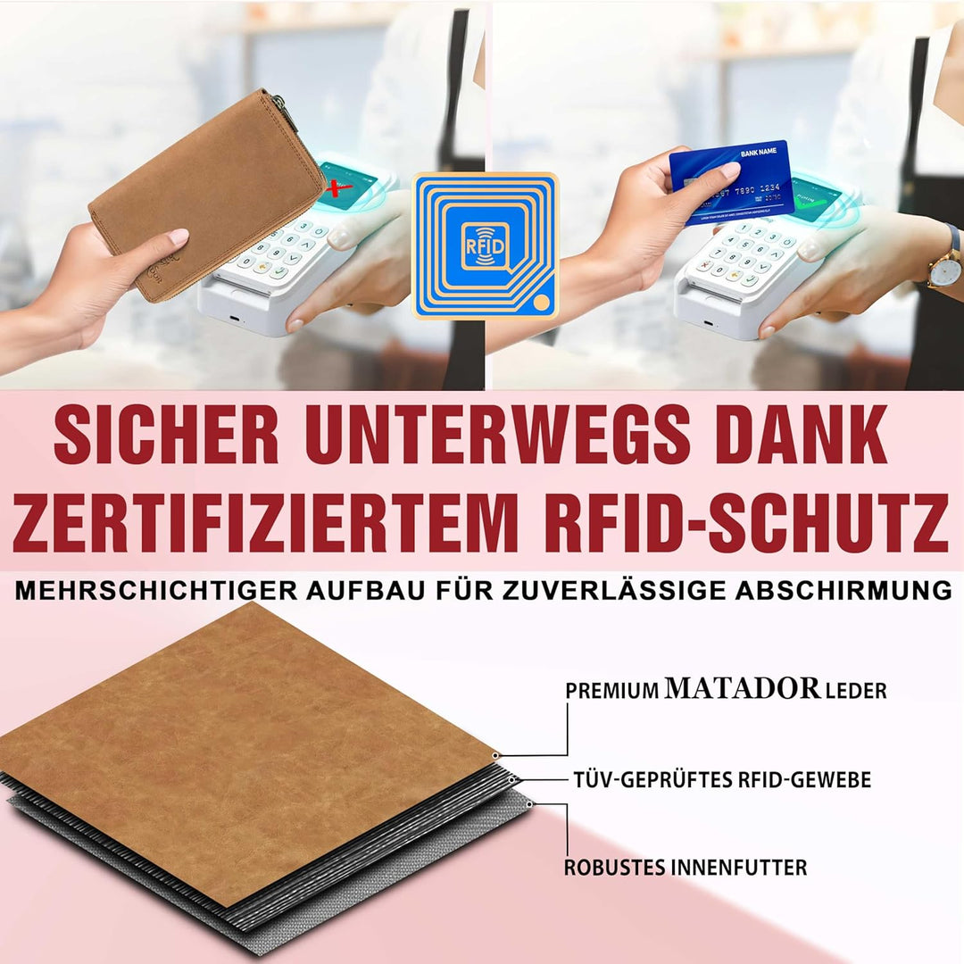 MATADOR Lange Damen Geldbörse XXL Frauen Portemonnaie TüV Geprüfter RFID Schutz Scheintasche Geldtas