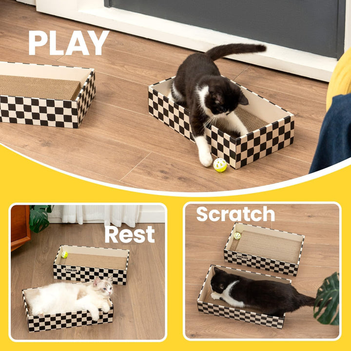 Conlun Katzenkratzbox mit 4 Kratzbretter Katze & 2 Separaten Katzen Kartons & 1 Katzenball, 2-in-1 K