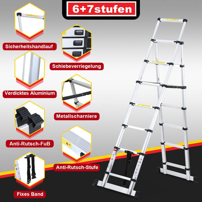 Lospitch 2M+2.3M Teleskopleiter Klappleiter, Rutschfester Aluleiter Mehrzweckleiter Ausziehbare Leit