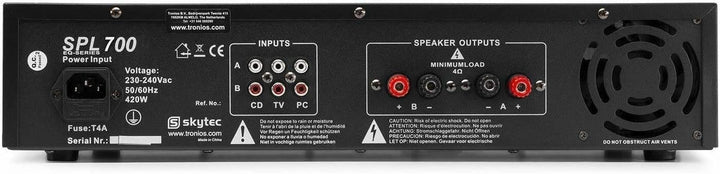 Skytec SPL 700 - Audioverstärker (2.0 Kanäle, 0,5%, 95 dB, 82 dB, 775 mV, 10000 Ohm)