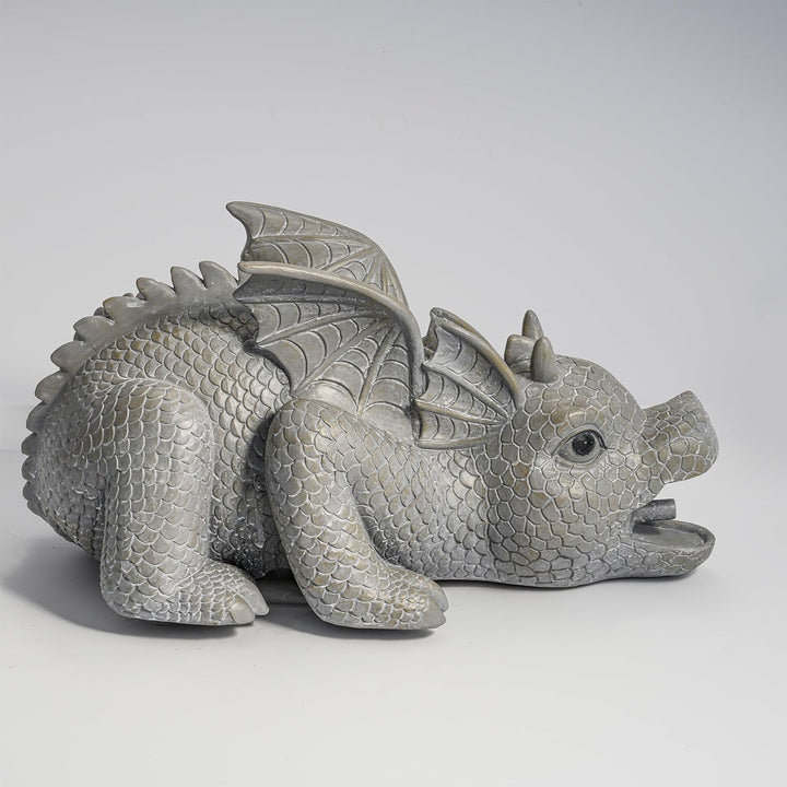 Wasserspeier Figur Drache Grisu aus Kunststein - (L x B x H): ca. 400 x 215 x 200 mm - Schlauchansch