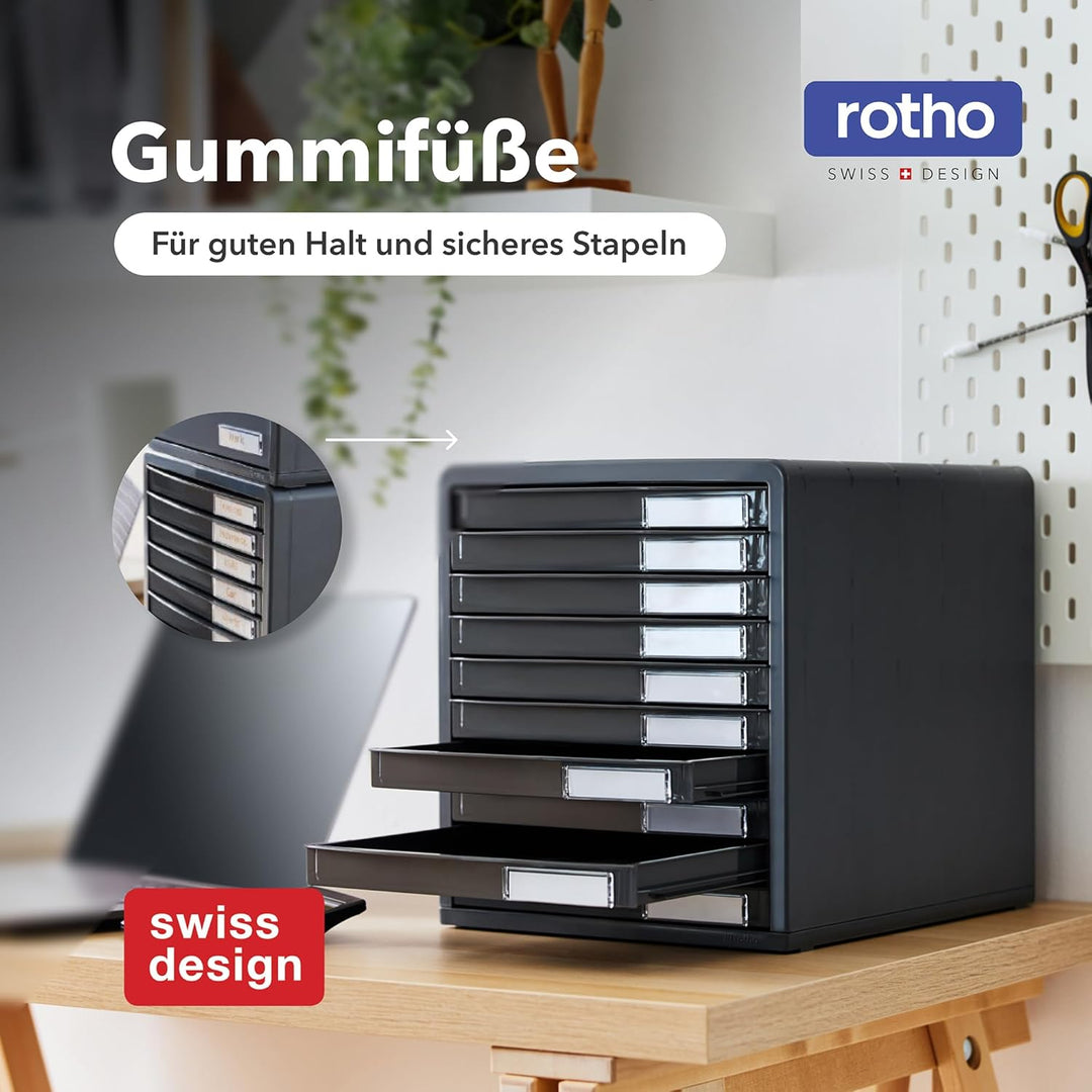 Rotho Timeless Schubladenbox / Bürobox mit 10 Schüben, Kunststoff (PS) BPA-frei, anthrazit, (34.5 x