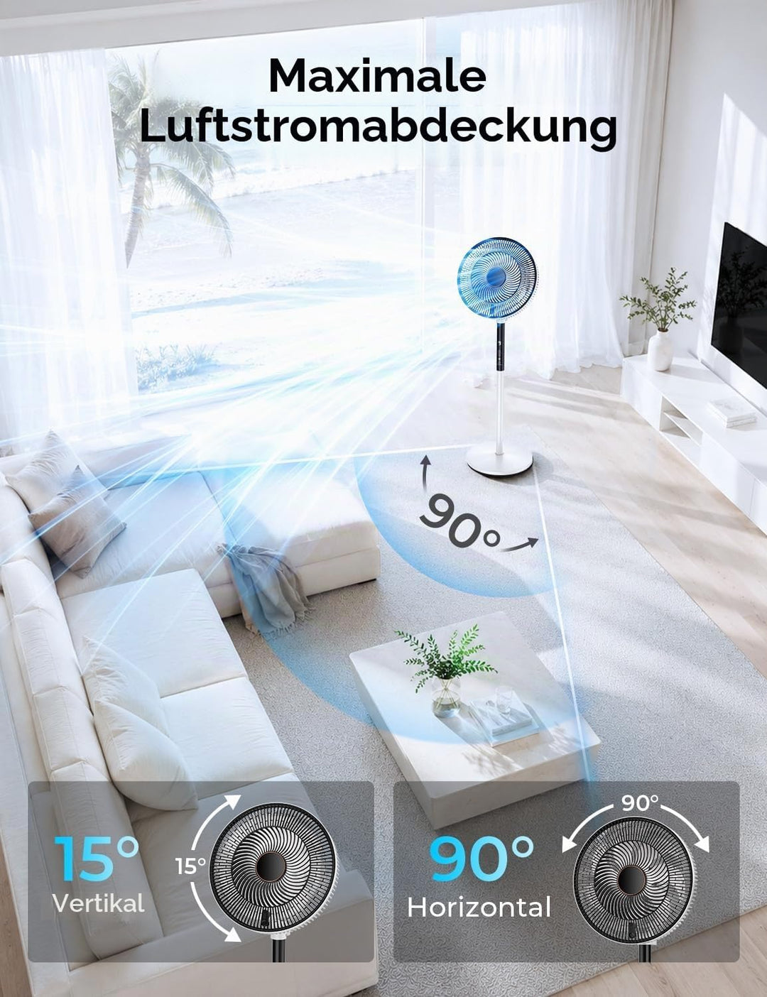 Rintea Standventilator 40 cm mit Fernbedienung, 9 Geschwindigkeiten, 4 Modi, 9H Timer, 90° Oszillati