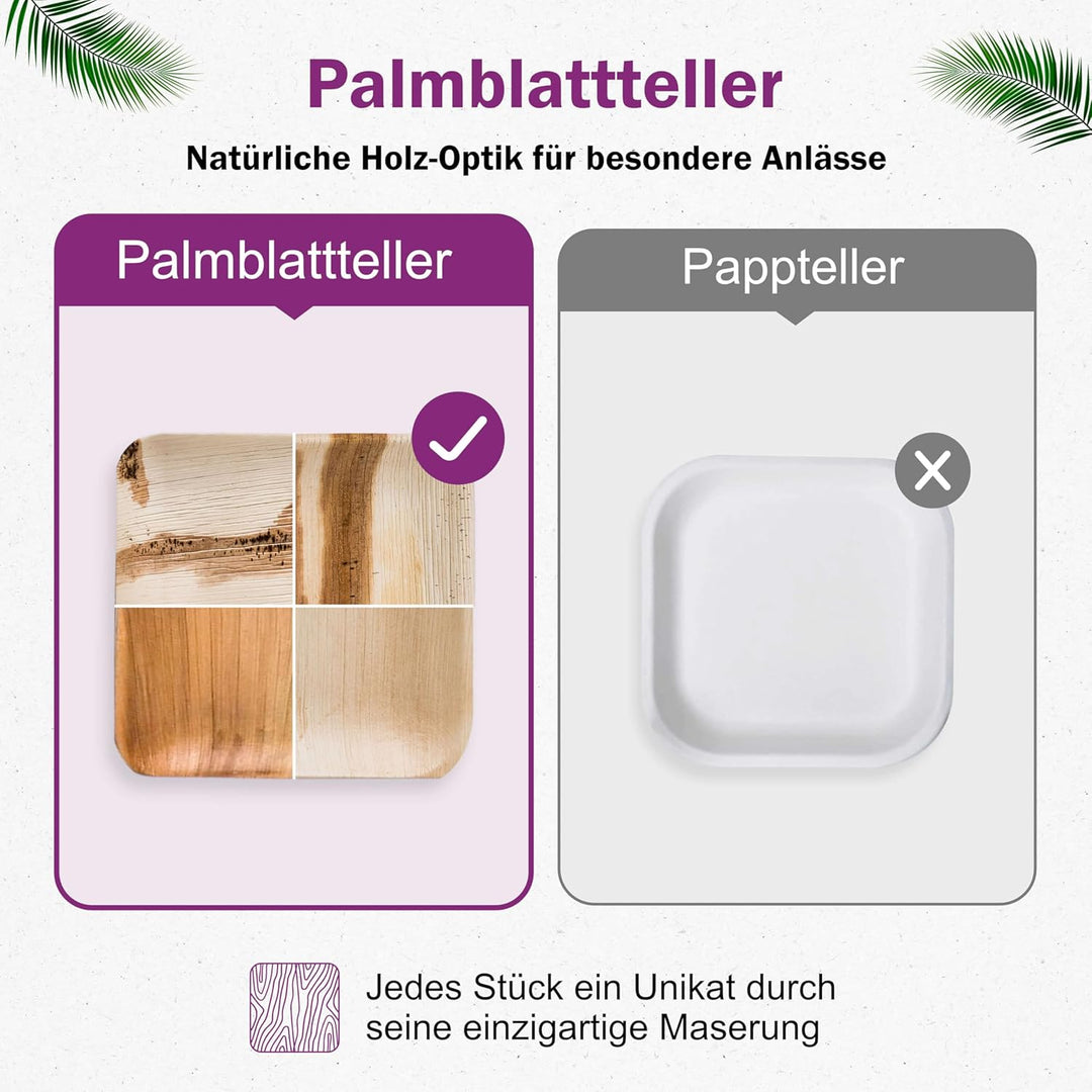 Waipur Bio Palmblattteller - 25 Teller Eckig 15x15 cm - Premium Einweggeschirr kompostierbar erh. in