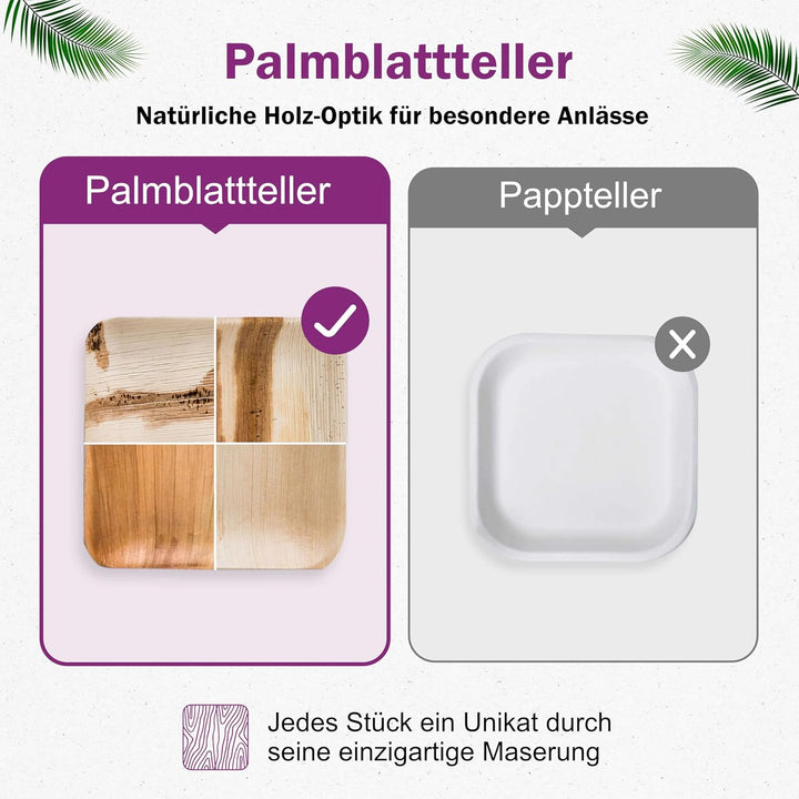 Waipur Bio Palmblatt Geschirr - 200 Teller eckig 23x23 cm - Premium Einweg Geschirr kompostierbar -