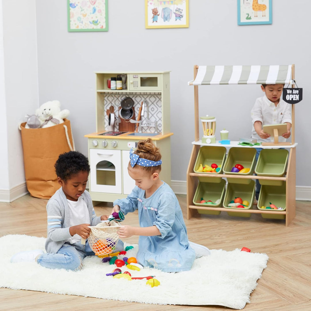 Teamson Kids Little Helper Pretend Play Holzmarkt Lebensmittelständer Rollenspiel-Spielzeug-Set für