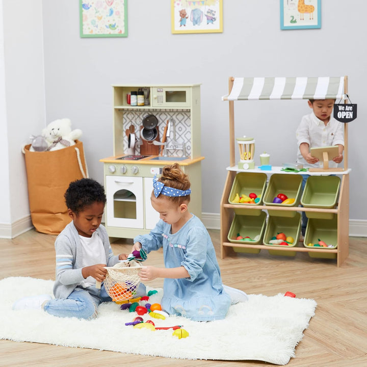 Teamson Kids Little Helper Pretend Play Holzmarkt Lebensmittelständer Rollenspiel-Spielzeug-Set für