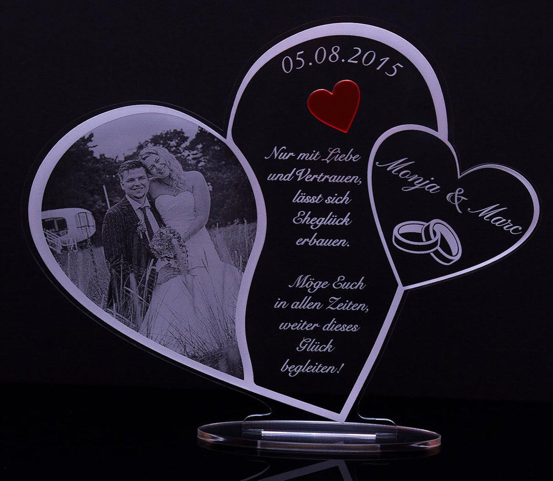 Acryl Schild in Herz Form "Hochzeitstag" mit Foto-Lasergravur, Geschenk, 205 mm x 170 mm (Hochzeitss
