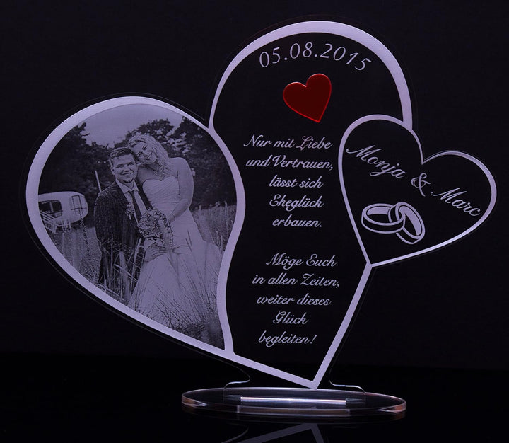 Acryl Schild in Herz Form "Hochzeitstag" mit Foto-Lasergravur, Geschenk, 205 mm x 170 mm (Hochzeitss