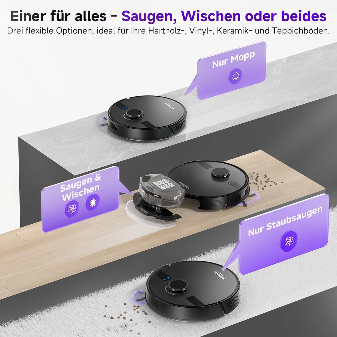MONSGA Saugroboter mit Wischfunktion, 3.5L Staubsauger Roboter mit Absaugstation, 5000Pa Saugkraft,
