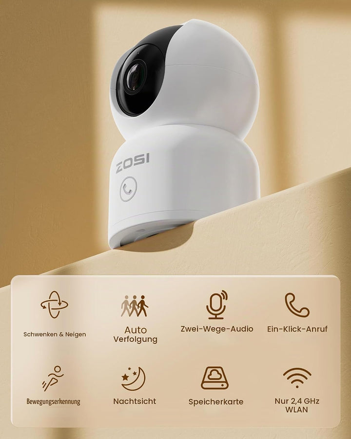 ZOSI 2K/3MP WLAN Überwachungskamera Innen, Babyphone mit Kamera, 2,4/5 GHz, 2-Wege-Audio, KI Persone