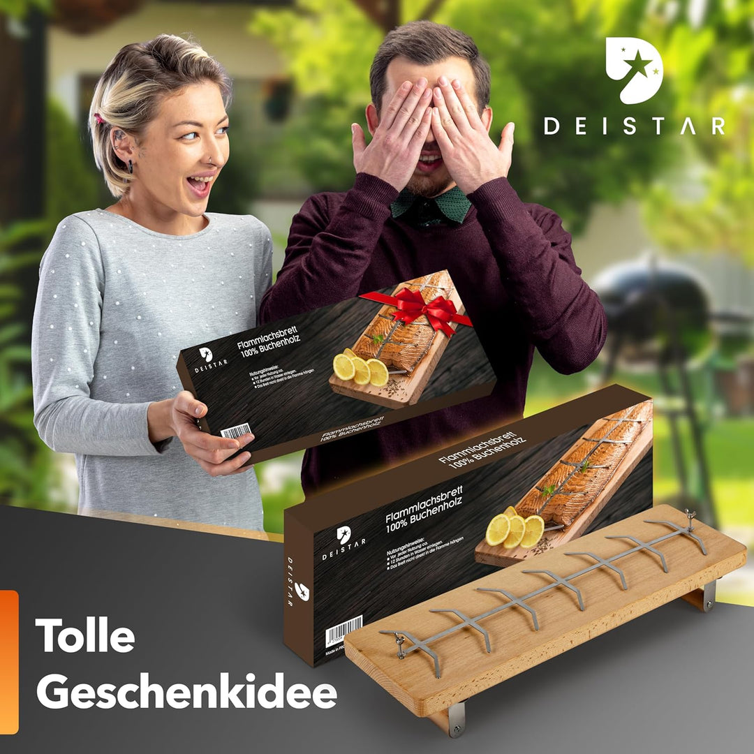 Flammlachsbrett Premium – Edelstahl-Halterung mit verstärkten Schrauben & Buchenholz – Perfekt für F
