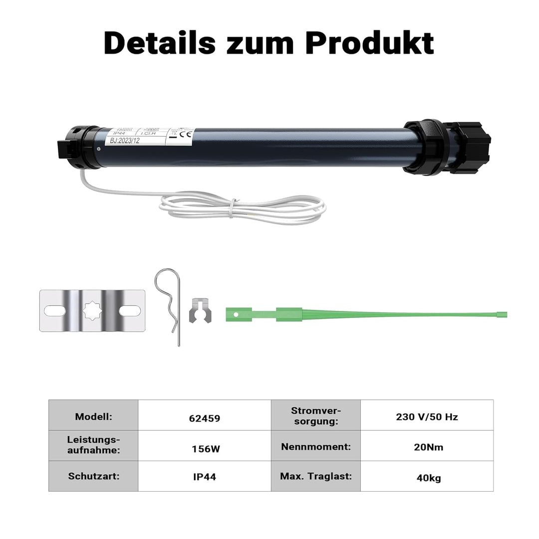 Wiltec Rollladenmotor 156W 20 Nm mit mechanischem Endabschalter & Schutzart IP44 SW60, Motor für ele
