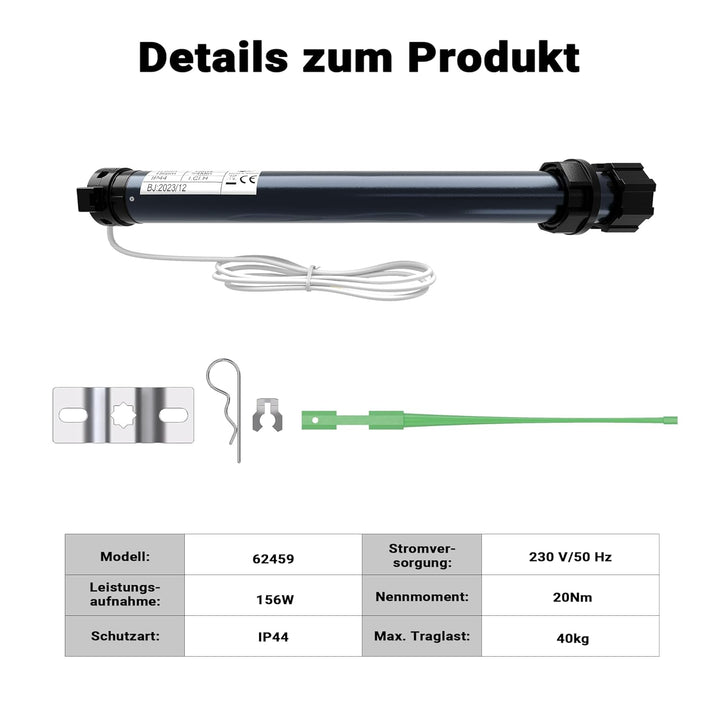 Wiltec Rollladenmotor 156W 20 Nm mit mechanischem Endabschalter & Schutzart IP44 SW60, Motor für ele