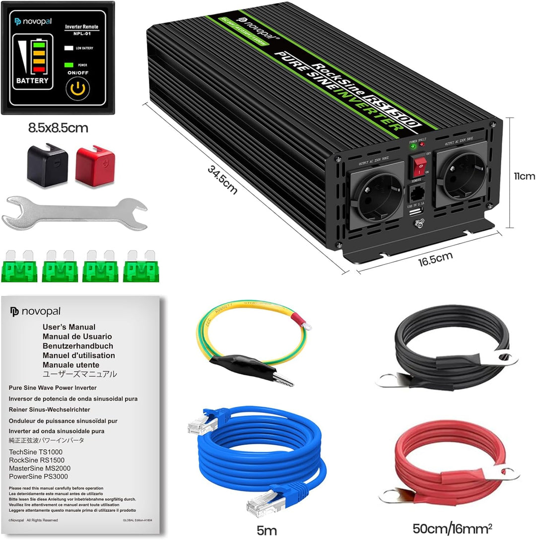 NOVOPAL 1500W Wechselrichter 24V auf 230V Reiner Sinus Spannungswandler mit LiFePO4 Power Inverter m
