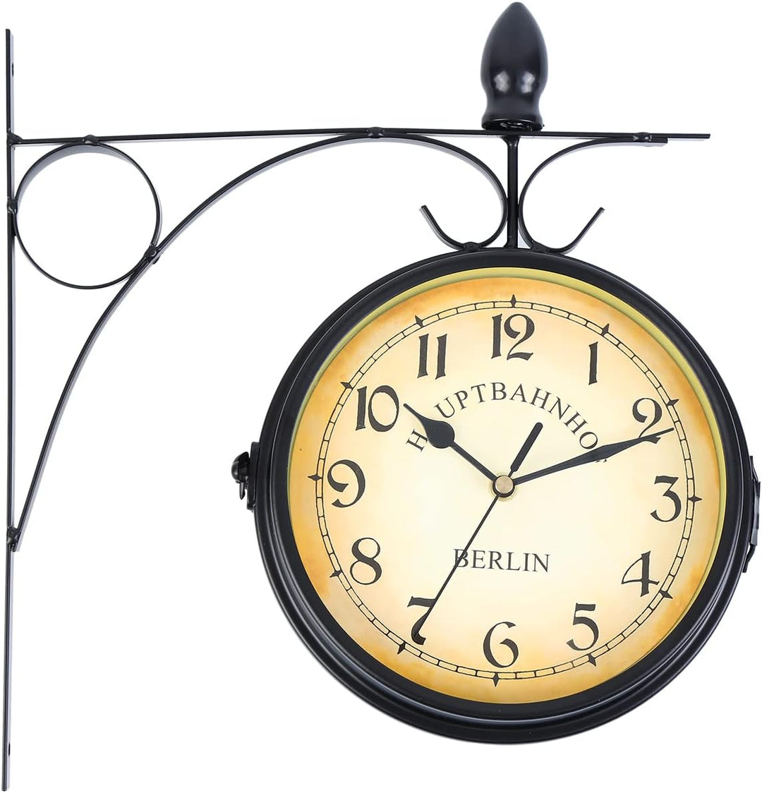 Samger Samger Doppelseitige Uhr Garten Zug Bahnhof Wanduhr mit Halterung (Schwarz)