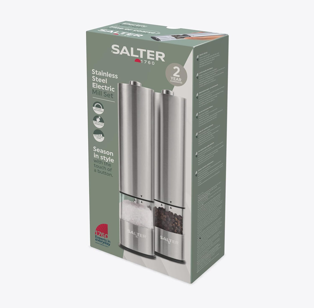 Salter 7522 SSTUR15UP Elektrische Salz- und Pfeffermühlen aus Edelstahl, BPA-Frei, einstellbarer Mah