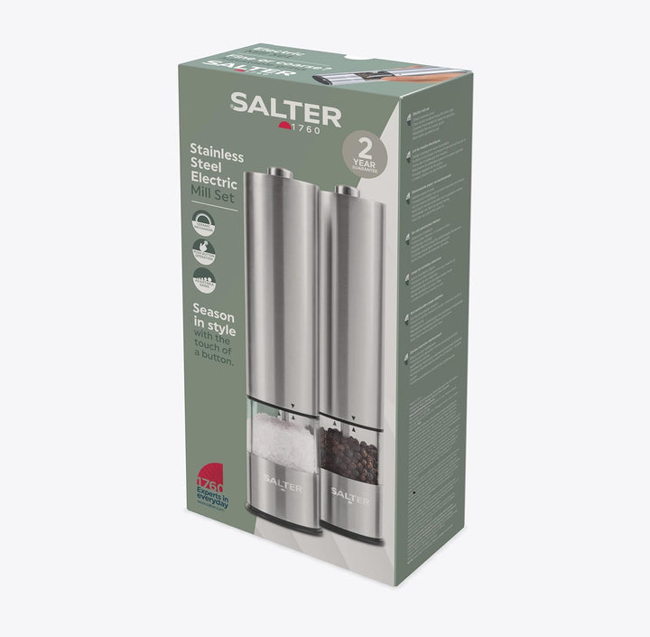 Salter 7522 SSTUR15UP Elektrische Salz- und Pfeffermühlen aus Edelstahl, BPA-Frei, einstellbarer Mah
