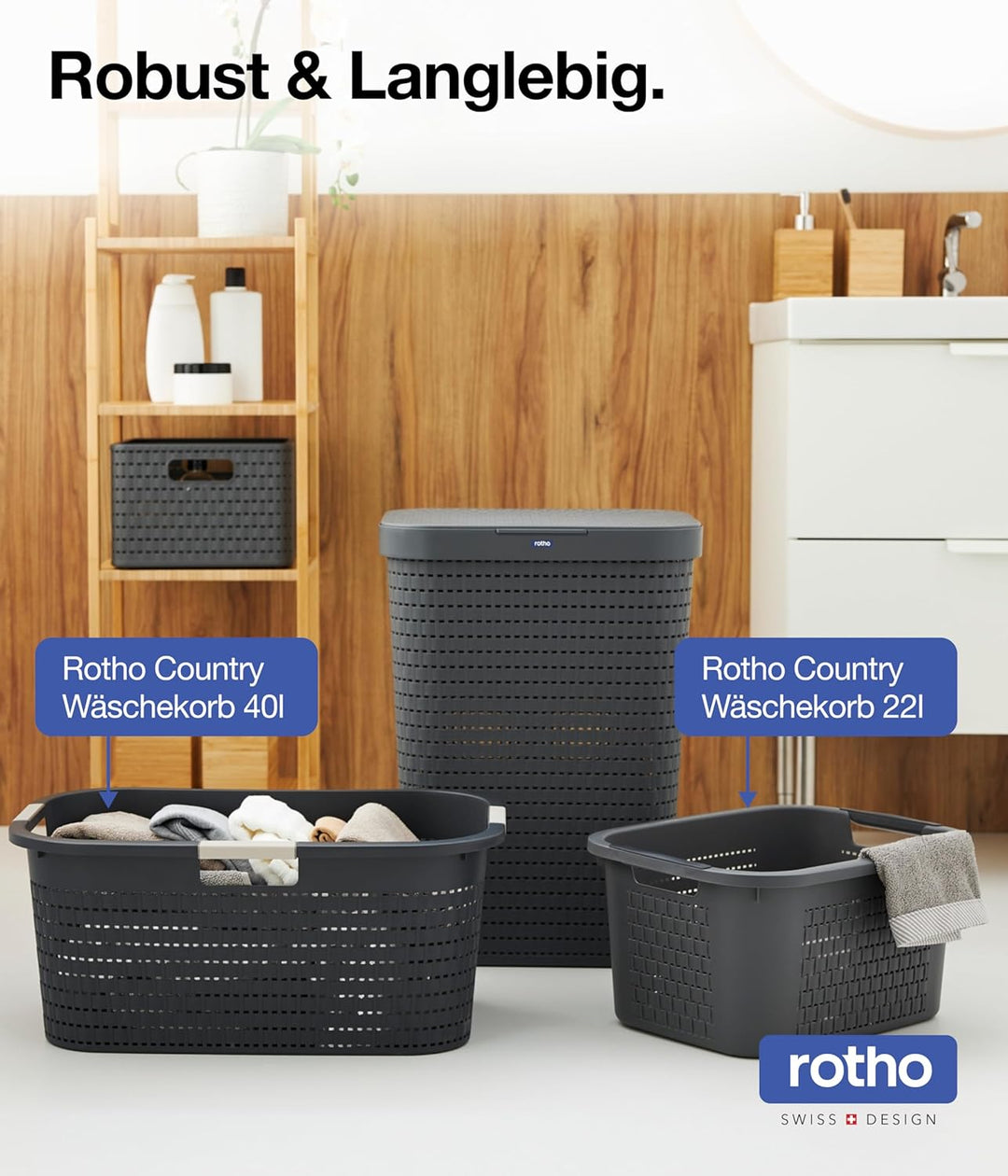 Rotho Country 3er-Set Wäschesammler 55l mit Deckel, Kunststoff (PP) BPA-frei, anthrazit, 3x55l (42,0