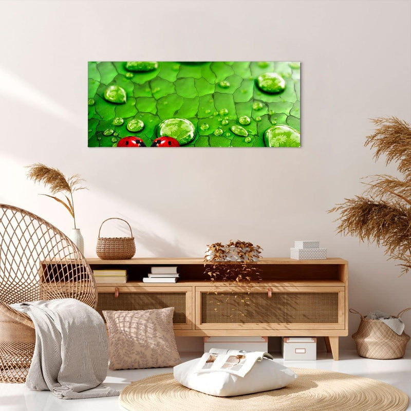 Panorama Bilder auf Leinwand 100x40cm Leinwandbild Marienkäfer Gras Blatt Tropfen Gross Wanddeko Bil