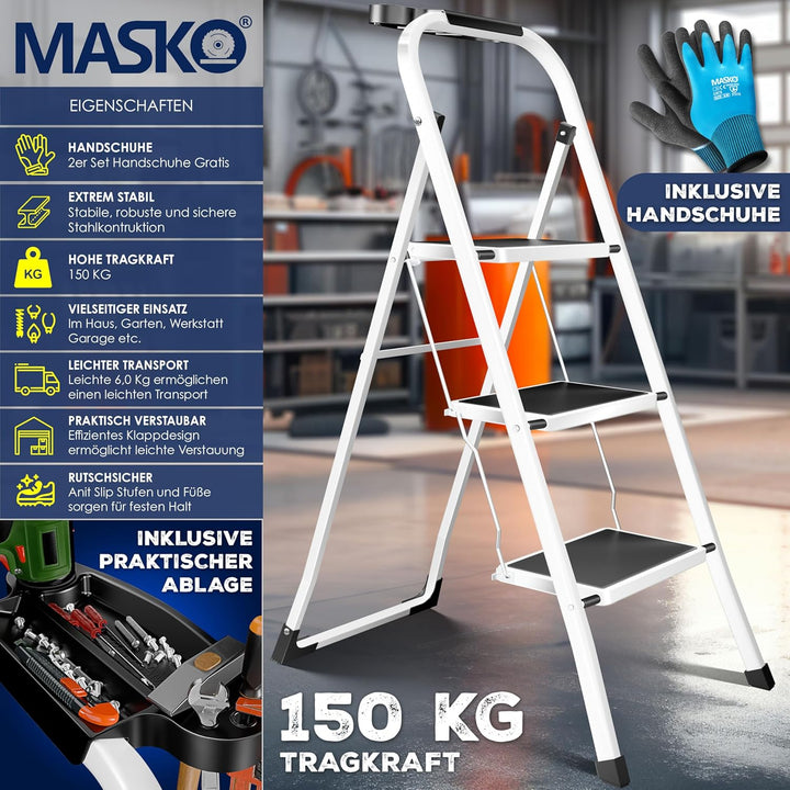 MASKO® Trittleiter Klappleiter 3 Stufen-Leiter Stufenleiter belastbar bis 150 kg | Tritthocker Anti-