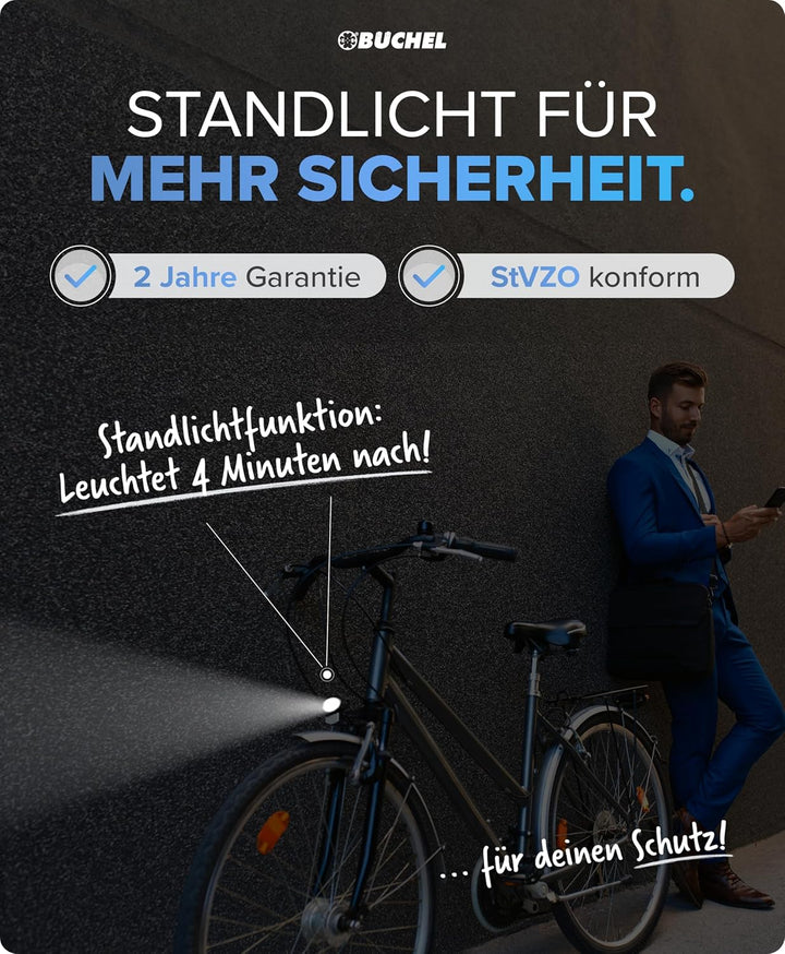 BÜCHEL Tour Dynamo Lampe mit Standlicht und StVZO Zulassung I 45 LUX Fahrradlampe vorne, LED Standli