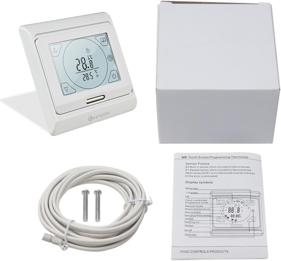 KETOTEK Thermostat Fussbodenheizung Elektrisch Programmierbar mit fühler 16A, Digitale Raumthermosta