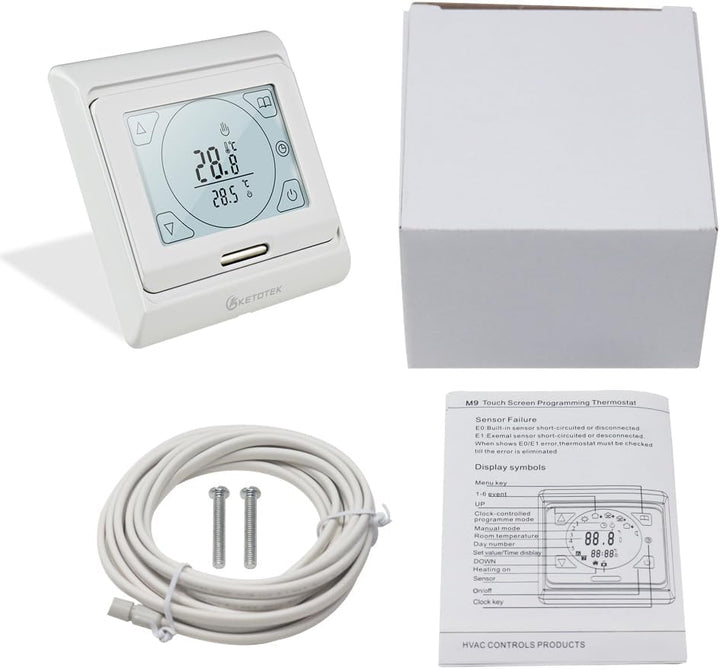 KETOTEK Thermostat Fussbodenheizung Elektrisch Programmierbar mit fühler 16A, Digitale Raumthermosta