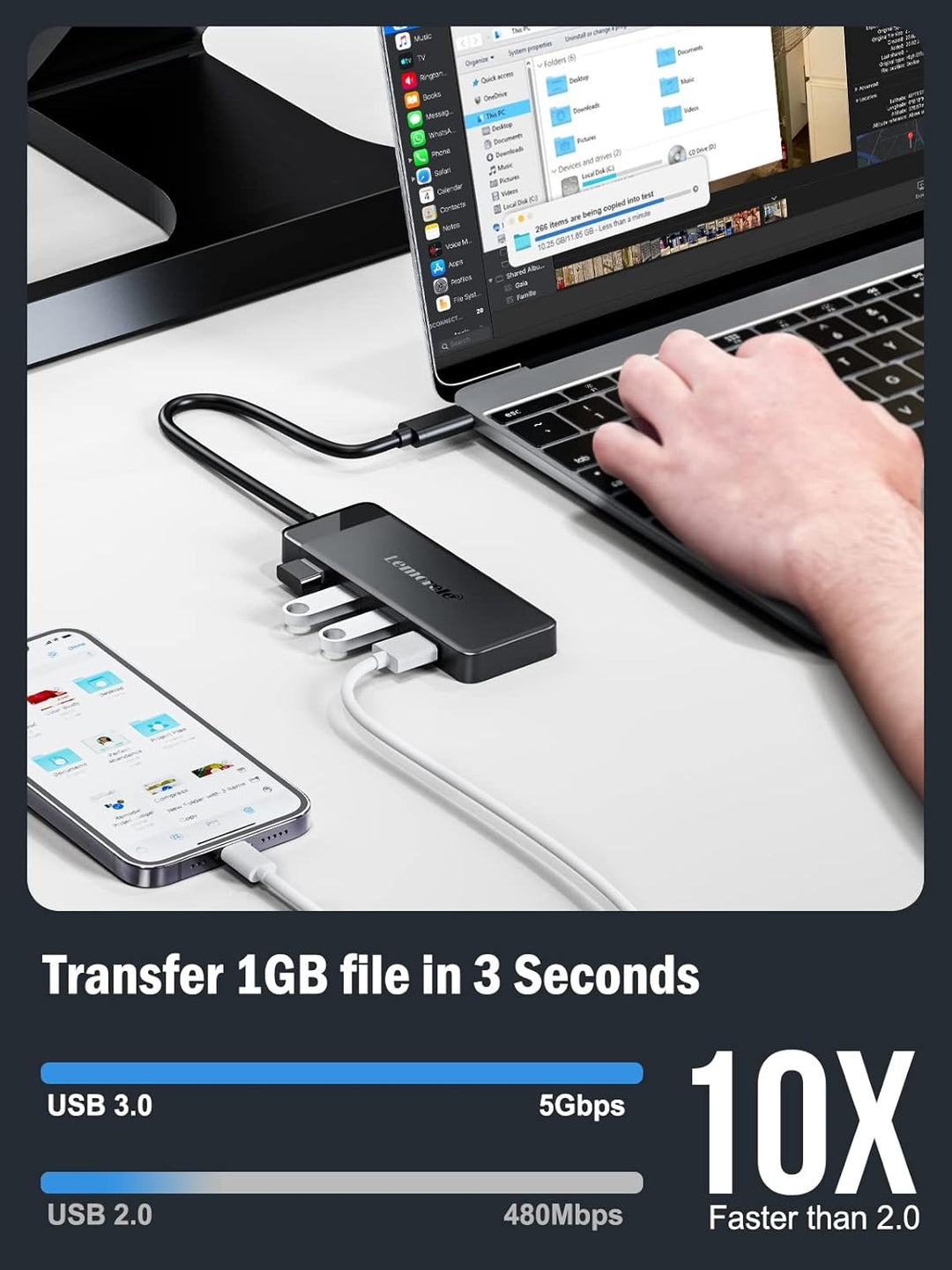 Lemorele USB C Hub -Docking Station 10 in 1, USB C Adapter mit 4K HDMI, 3 USB-A 3.0, 100W PD, Daten