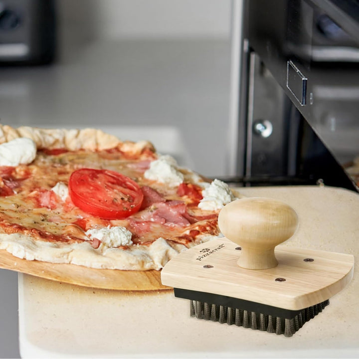 Pizzasteinbürste, 10,2 x 12,7 cm, Hartholzgriff, Pizzastein-Schrubber mit Edelstahlborsten (A), A