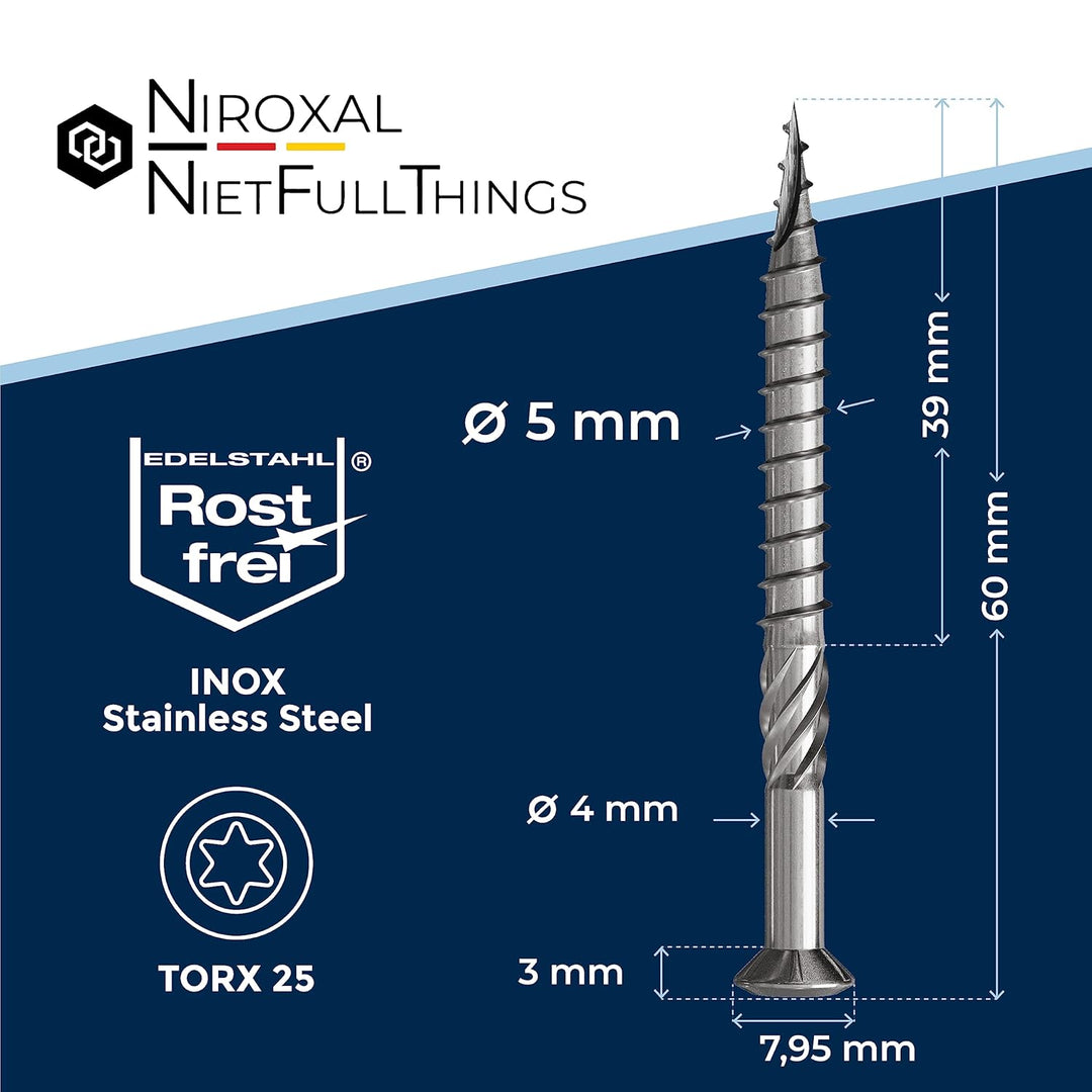 Terrassenschrauben 5x60 Edelstahl A4 Linsenkopfschrauben Torx Schrauben 5mm stark 200 Stück Holzschr