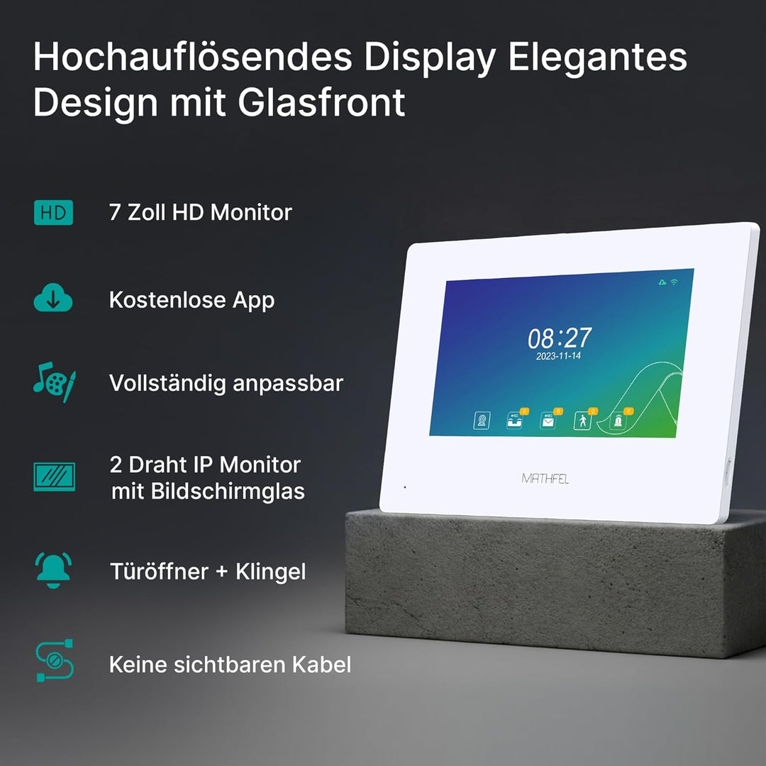 MATHFEL 2 Familienhaus 2 Draht Bus WLAN Video-Türsprechanlage, 10 Zoll Monitor mit Full HD 2 Megapix