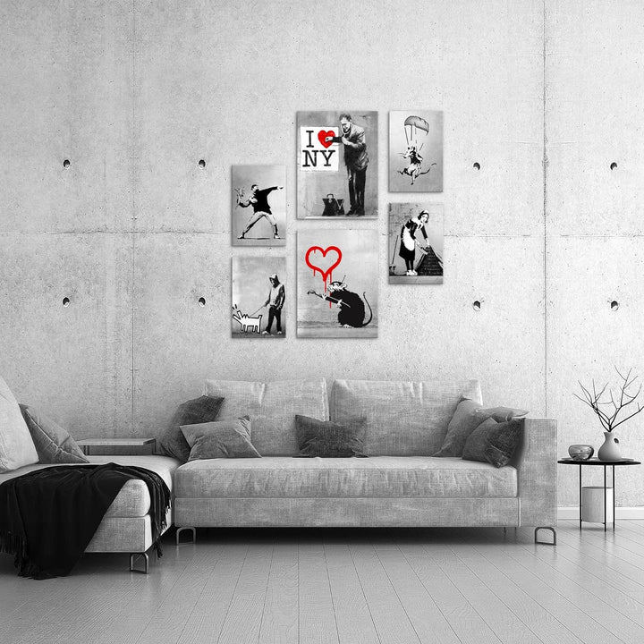 Novart Bilder Set - AUFHÄNGFERTIG - KEIN EXTRA RAHMEN BENÖTIGT - Banksy Collage Modern Street Art -