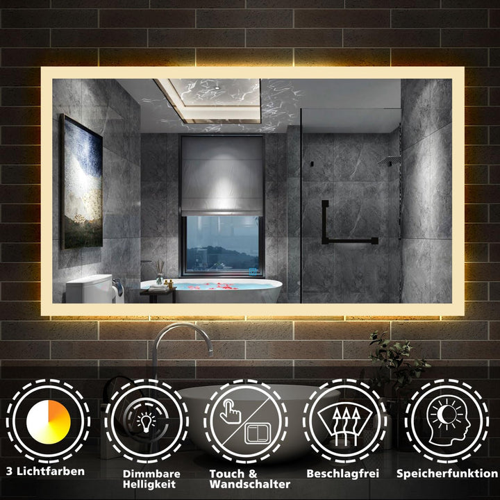 Aica Sanitär Badspiegel mit Beleuchtung 120×70cm 3 Lichfarbe dimmbar Memory Wand/Touchschalter Anti-