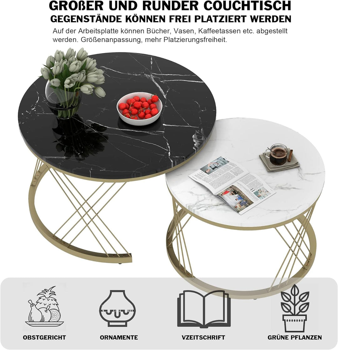 Moderne Rund Couchtisch 2er Set, Beistelltisch-Set, Couchtisch Satz Marmor Furnier Sofa Seite Nest v