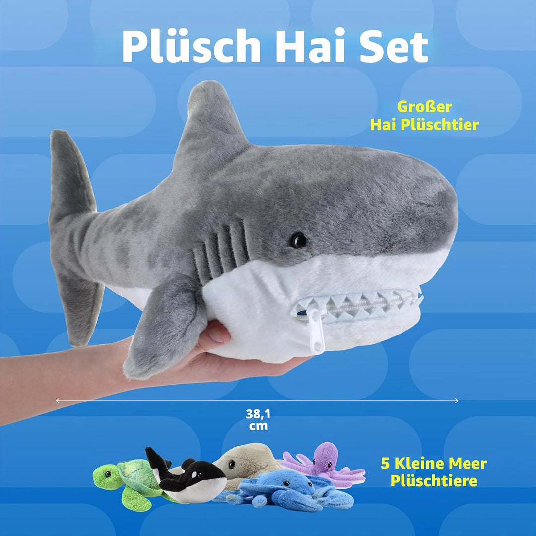 Prextex 38 cm grosser Plüsch-Hai plus 5 weiche Plüsch-Meerestiere, Kuscheltiere Stofftiere wie Oktop