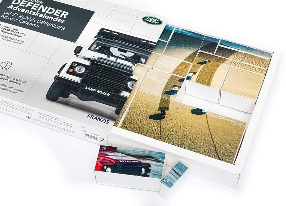 FRANZIS 67155 - Land Rover Defender Adventskalender, Metall Modellbausatz im Massstab 1:43, inkl. So
