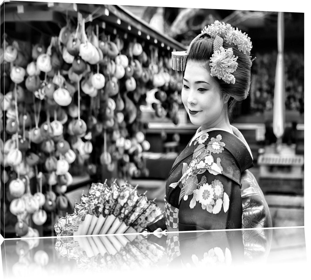 Pixxprint Anmutige Geisha mit Fächer als Leinwandbild/Grösse: 100x70 cm/Wandbild/Kunstdruck/fertig b