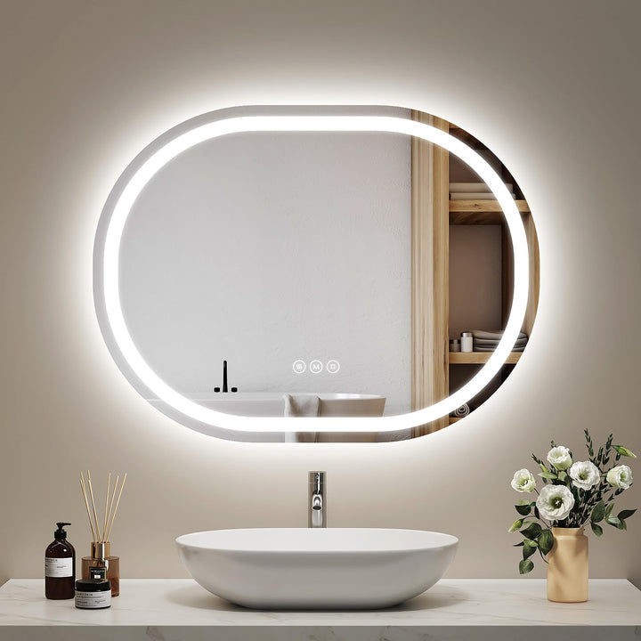 EMKE Badspiegel mit Beleuchtung 60x80cm Oval Spiegel mit Touch-Schalter/3 Lichtfarbe Dimmbar/Antibes